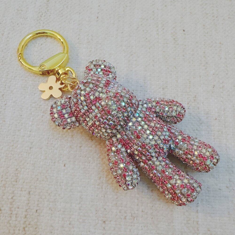 Twinkle Teddy Bag Charm Keychain Pink Aurora Borealis Crystal Bear